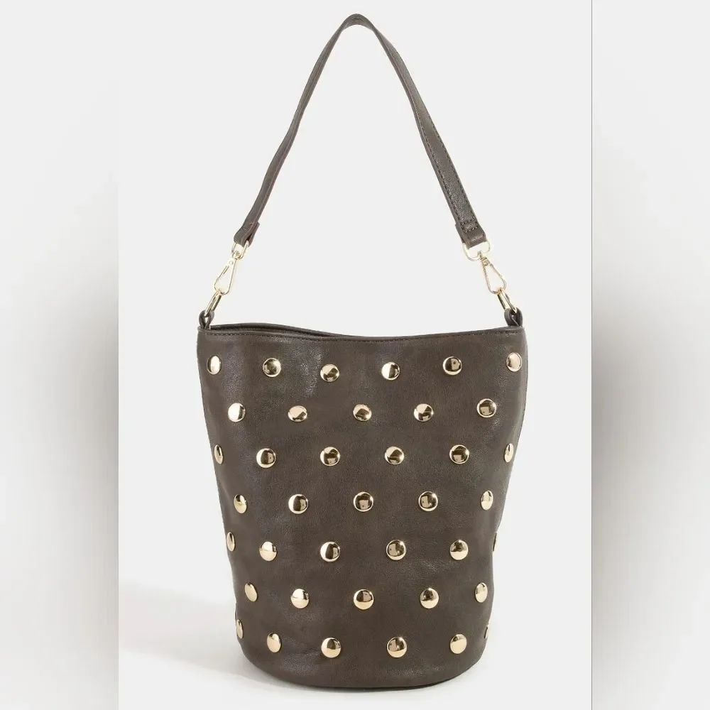 Fame Casual Studded Faux Leather Taupe Or Tan Bucket Bag